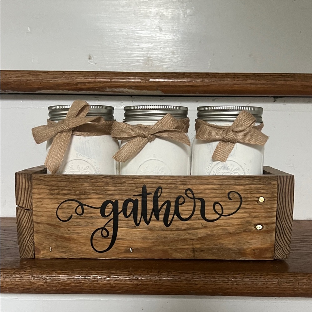 Wooden Crate with White Jars and Burlap Bows
